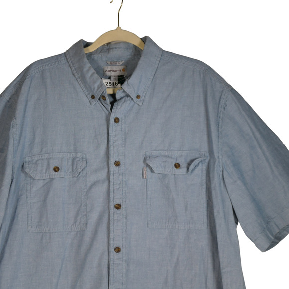 Carhartt Button Down Shirt Men M Blue Chambray Short Sleeve Hiking Relaxed Fit - Picture 2 of 8